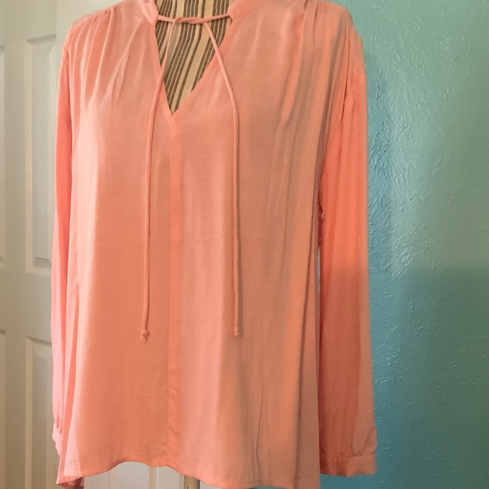 Pale Pink Entro Tunic Relaxed Fit Hi-Lo Hem Necktie Long Sleeve Classic - Picture 14 of 16